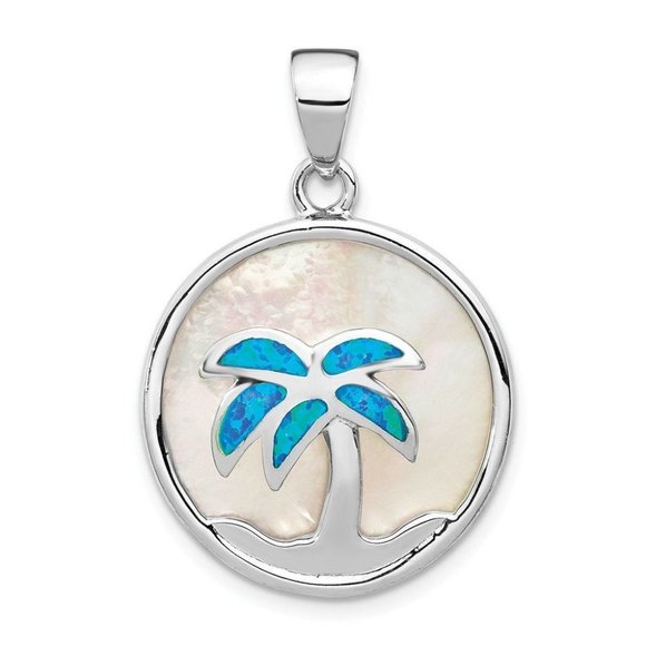 Sterling Silver Mop & Created Opal Inlay Palm Tree Pendant Rhodium-Plated - Picture 1 of 3